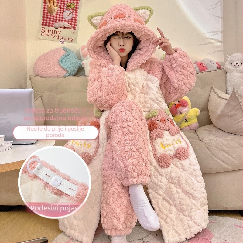 Pidžama od koralnog flisa, trostruko izolirana, za trudnice i dojenje, zimsko kućno odijelo