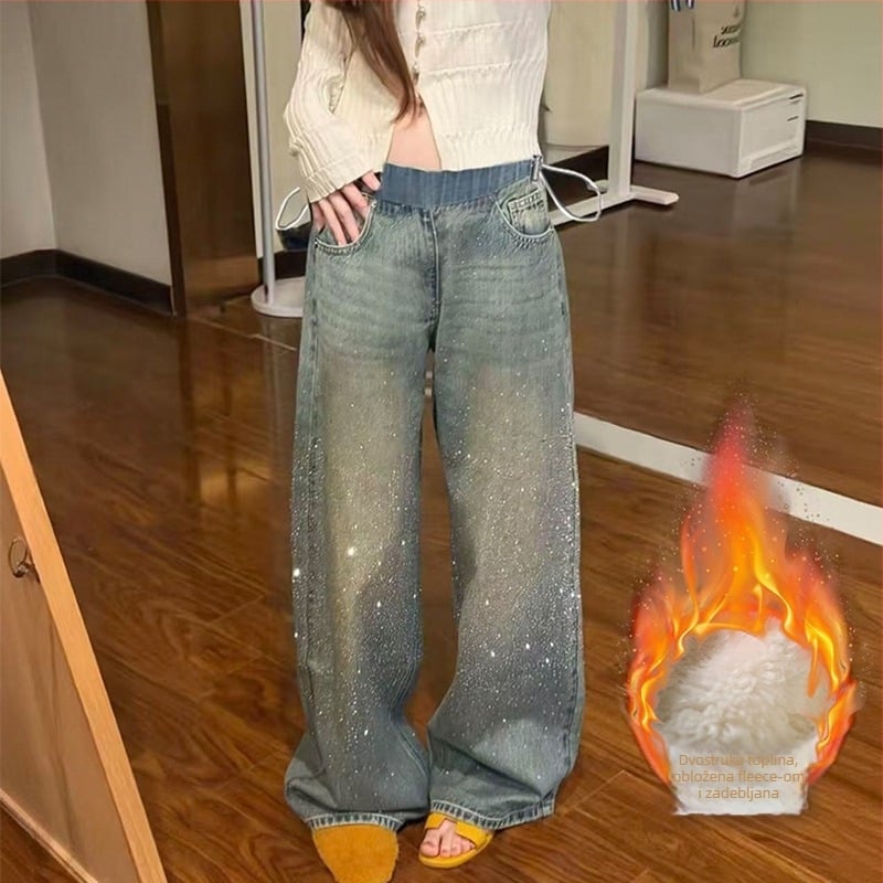 Trudničke traperice sa zvjezdanim cirkonima, debeli zimski stil, slobodan kroj širokih nogavica, visok pojas s vezicom
