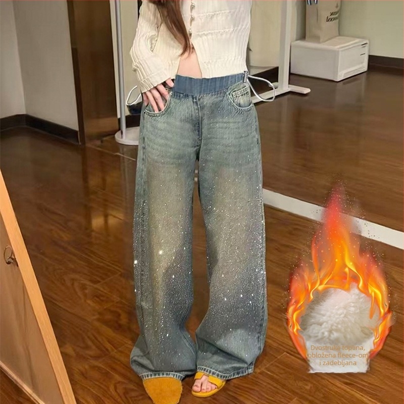 Trudničke traperice sa zvjezdanim cirkonima, debeli zimski stil, slobodan kroj širokih nogavica, visok pojas s vezicom