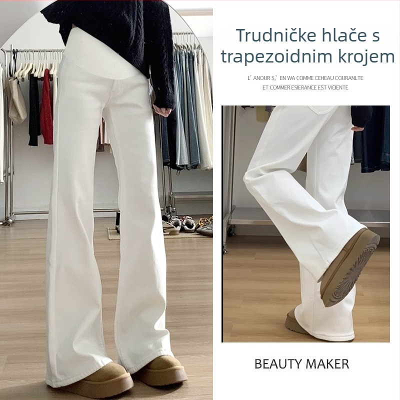 Trudničke traperice od denima, s flare krojem, dužina do poda, podrška za trbuh, srednja gustoća materijala.