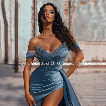 Večernja haljina s tube-top izrezom, bez rukava, visokim strukom, A-kroj