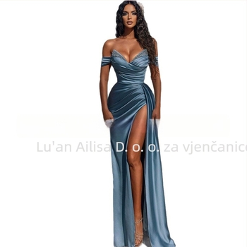 Večernja haljina s tube-top izrezom, bez rukava, visokim strukom, A-kroj