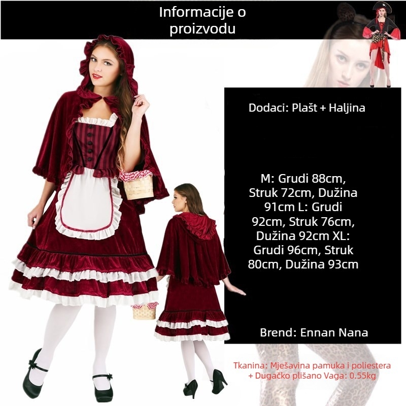 Halloween maskirni cosplay: haljina Crvenkapica – princeza, za nastupe na sceni i zabave u baru, poliester tkanina, proljeće 2025, za žene 30–34.