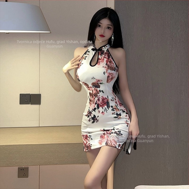 Cheongsam haljina s printom, bez rukava, visok prorez, poliester materijal