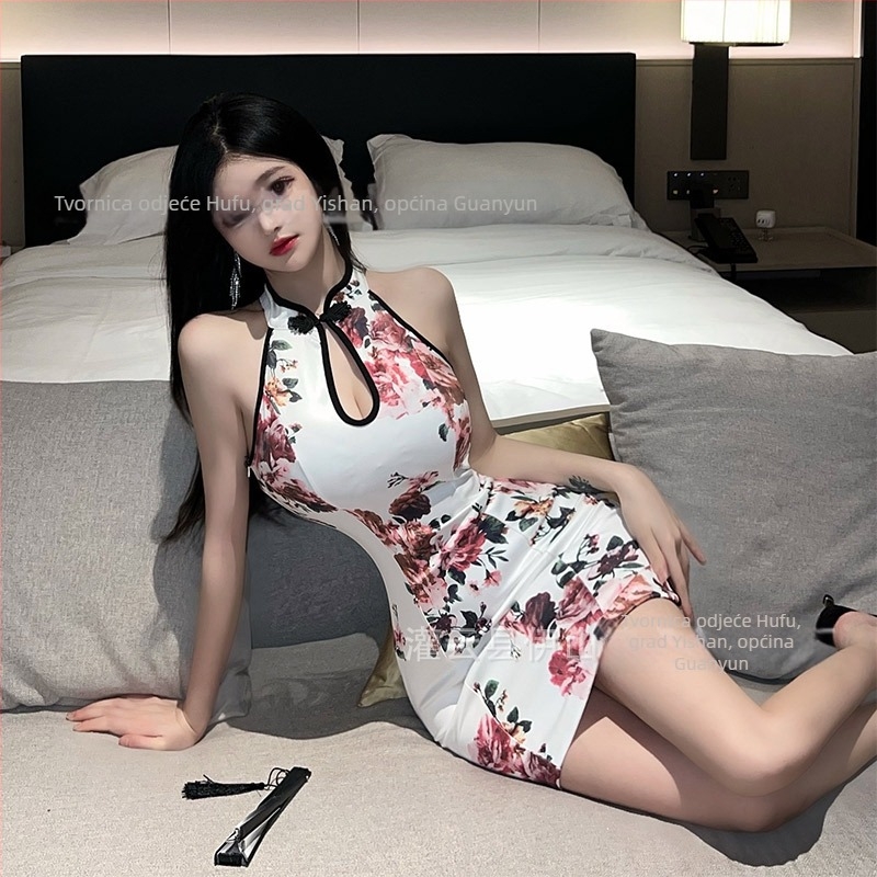 Cheongsam haljina s printom, bez rukava, visok prorez, poliester materijal