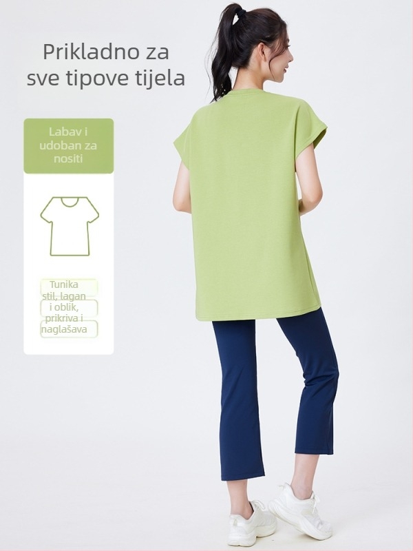 Majica T s lebdećim rukavima, okrugli izrez, slobodan kroj, mješavina pamuka/poliester/elastana, za sport i jogu, za žene