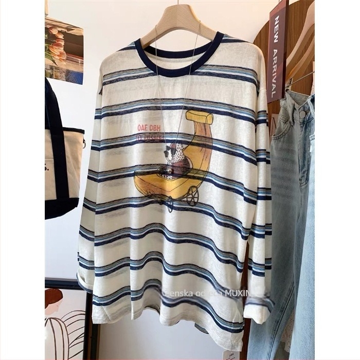 Ženski prugasti T-shirt s dugim rukavima, slobodan kroj, srednje duljine, okrugli izrez, pamuk-poliester smjesa, patchwork, elegantan gradski stil