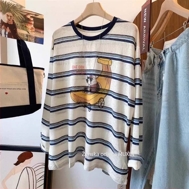 Ženski prugasti T-shirt s dugim rukavima, slobodan kroj, srednje duljine, okrugli izrez, pamuk-poliester smjesa, patchwork, elegantan gradski stil