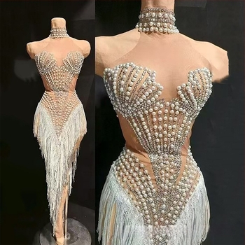 Nocance duga haljina s resama i ukrasom od bisera i dijamanata, 95%+ elastan, za žene, latino ples i scensko nastupanje