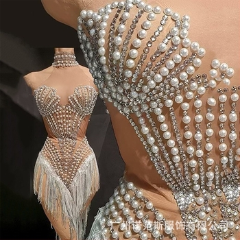 Nocance duga haljina s resama i ukrasom od bisera i dijamanata, 95%+ elastan, za žene, latino ples i scensko nastupanje