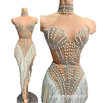 Nocance duga haljina s resama i ukrasom od bisera i dijamanata, 95%+ elastan, za žene, latino ples i scensko nastupanje