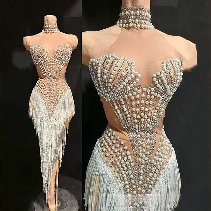 Nocance duga haljina s resama i ukrasom od bisera i dijamanata, 95%+ elastan, za žene, latino ples i scensko nastupanje