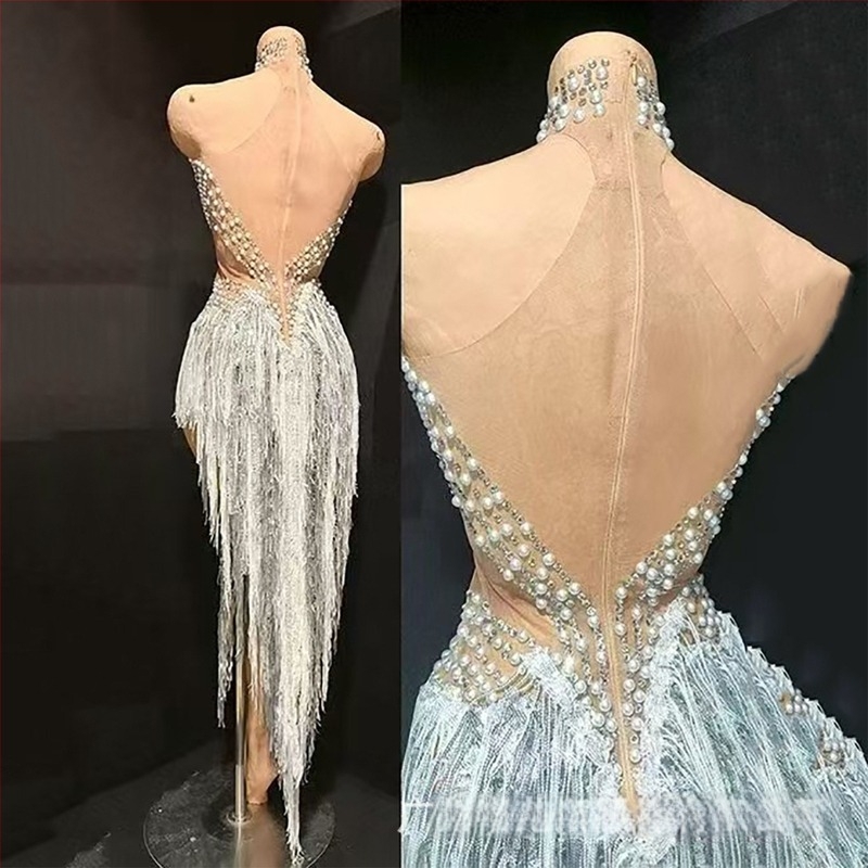 Nocance duga haljina s resama i ukrasom od bisera i dijamanata, 95%+ elastan, za žene, latino ples i scensko nastupanje