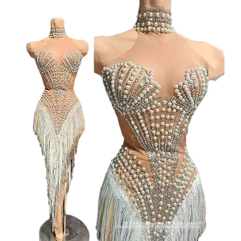 Nocance duga haljina s resama i ukrasom od bisera i dijamanata, 95%+ elastan, za žene, latino ples i scensko nastupanje