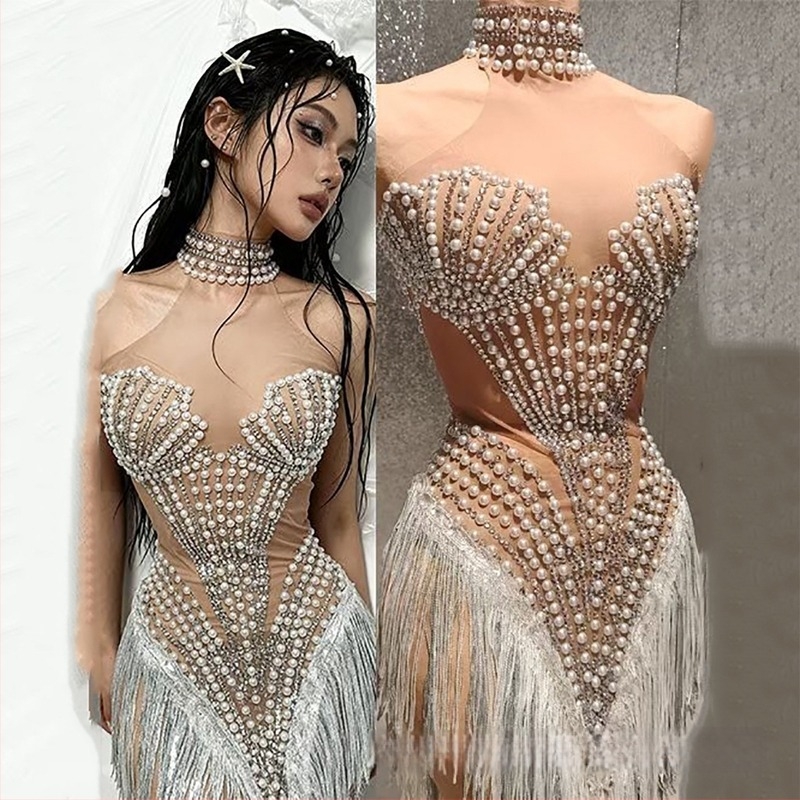 Nocance duga haljina s resama i ukrasom od bisera i dijamanata, 95%+ elastan, za žene, latino ples i scensko nastupanje
