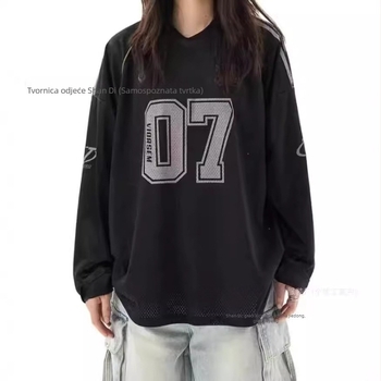 Poliesterska rugby majica s dugim rukavima, V-izrez, slobodan kroj, gradski stil, unisex