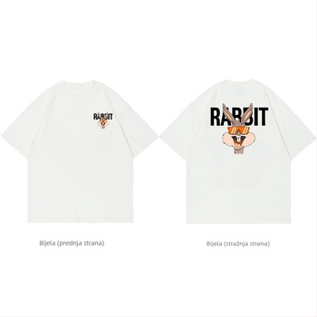 Bijeli pamucni T-shirt s printsom zeca, kratki rukav, okrugli izrez, svestran bazni komad, gradski stil