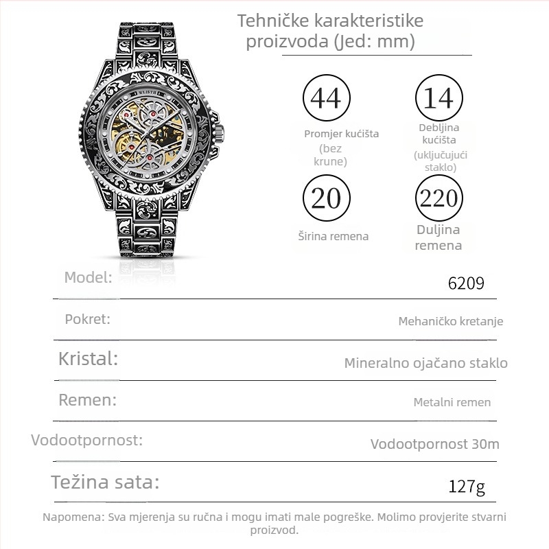 Muški automatski mehanički sat s luminoznim brojčanikom, analogni prikaz, vodootpornost 10 m, kućište od legure