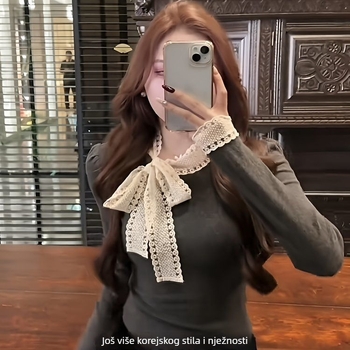 Ženski pleteni top s čipkastom mašnicom i izvezenim detaljima – bez rukava, okrugli izrez, viskozni materijal