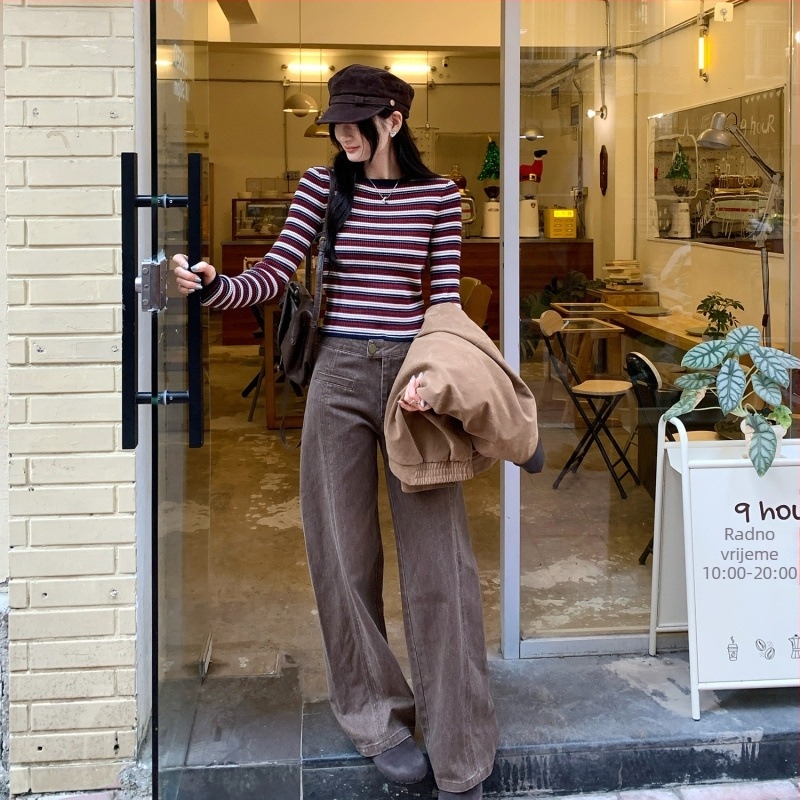 Korejskog stila kratka prugasta pletena top za žene, jesen/zima 2025, redovita kroj, okrugli ovratnik, dugi rukavi, poliesterska smjesa do 30%