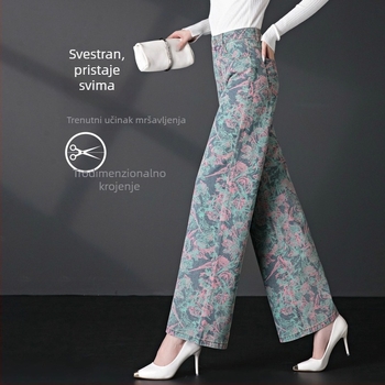 Ženske traperice s printom, široke nogavice, visokim strukom, mom stil, jesen 2025
