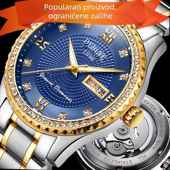 Muški skeleton sat s prozirnim stražnjim dijelom, 41 mm brojčanik, SP mehanizam, luminiscencija, kalendar i prikaz tjedna, nehrđajući čelični remen s leptir kopčom