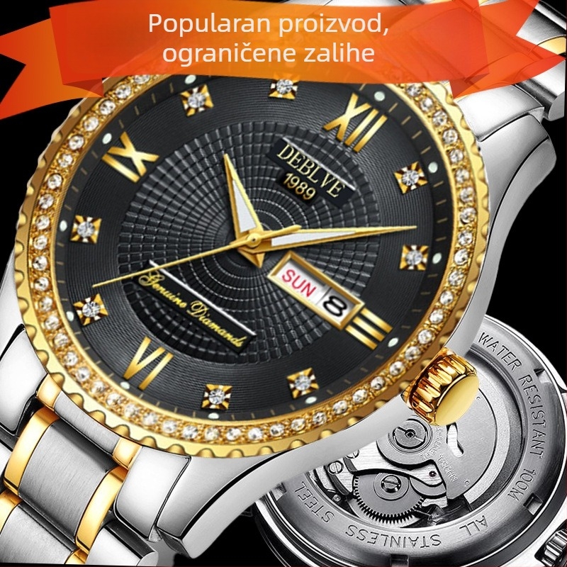 Muški skeleton sat s prozirnim stražnjim dijelom, 41 mm brojčanik, SP mehanizam, luminiscencija, kalendar i prikaz tjedna, nehrđajući čelični remen s leptir kopčom
