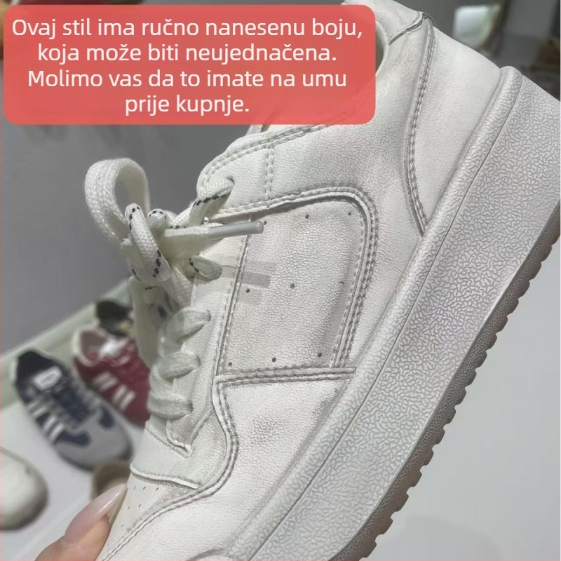 Ženske svakodnevne tenisice s okruglim nosom, dvostruko kožna gornja stranica od kravljje kože, vezice, gumeni potplat, visina peta 3–5 cm