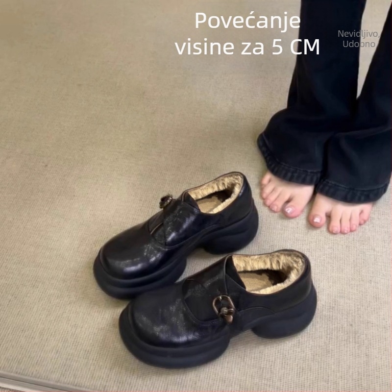 Ženske loaferice s PU gornjim dijelom, okrugla nosnica, unutrašnjost od umjetnog kratkog flisa, visina potpetice 3–5 cm, zimska toplina.