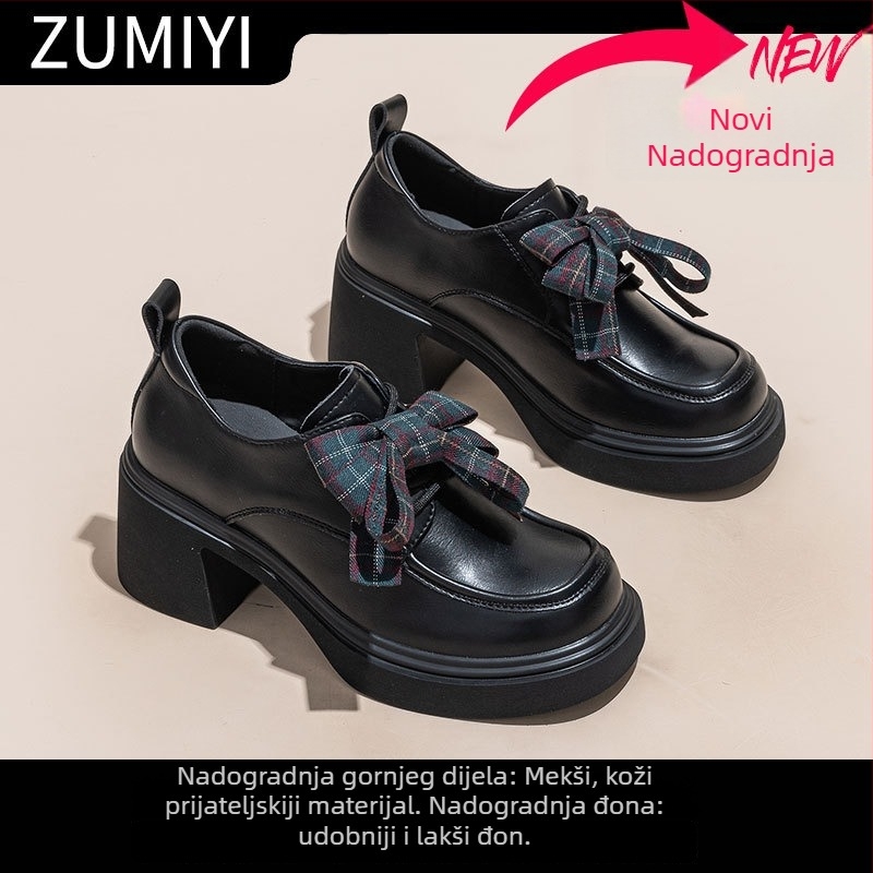 Ženski kožni loafersi s okruglim vrhom; gornji materijal: super vlakno; debeli visoki pet (>8 cm); kopčanje šnira; đon: poliuretan