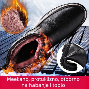 Muške zimske čizme od prave kože, podstavljene vunom, visok model, vodootporne, bočni zatvarač, protuklizna gumena potplata, srednja visina peta 3–5 cm