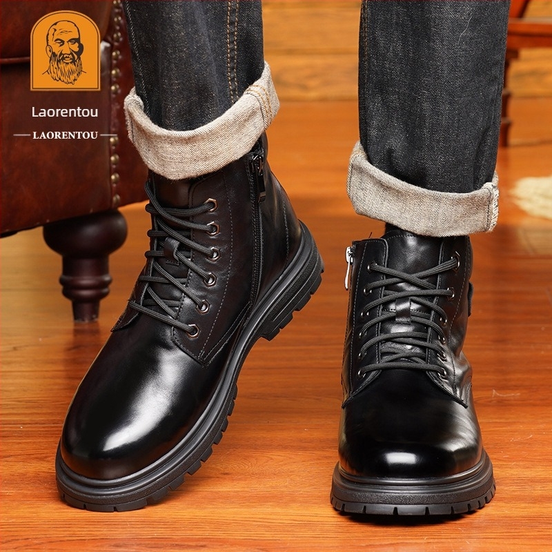 Muške zimske kožne papuče s vunenom podstavom, slip-on, gumena potplata, okrugli vrh