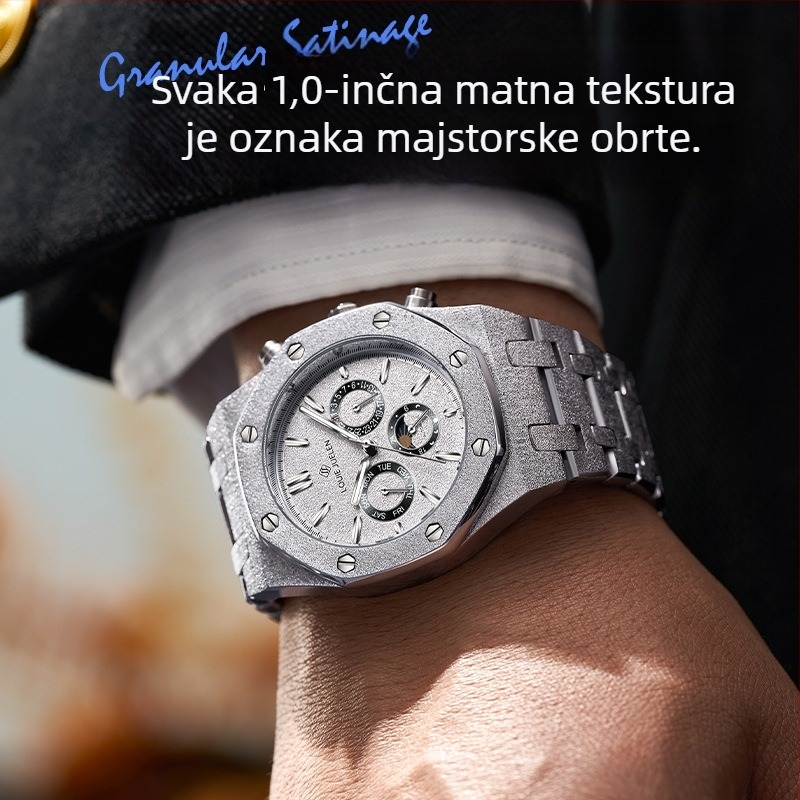 Muški mehanički kronograf sat Lou yijun s tourbillonom, kalendarom, prikazom 24 sati i tjednim prikazom; otporan na vodu 30m; kućište od legure i narukvica od nehrđajućeg čelika