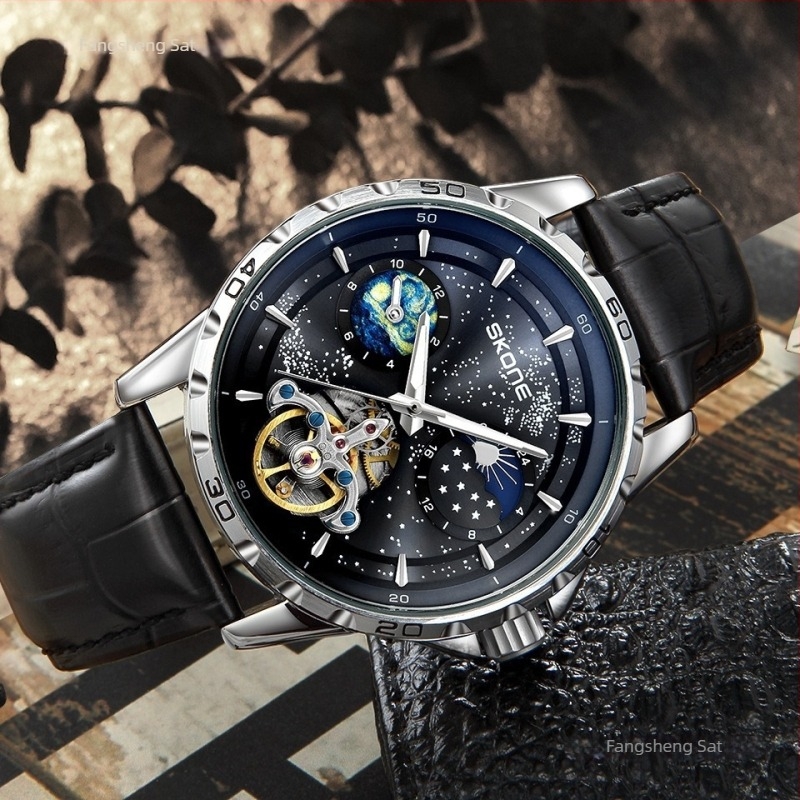 Skone Tourbillon Sun Moon Star muški sat s automatskim mehanizmom (Automatski mehanizam, vodootpornost 30m, kožni kaiš, kućište od legure)