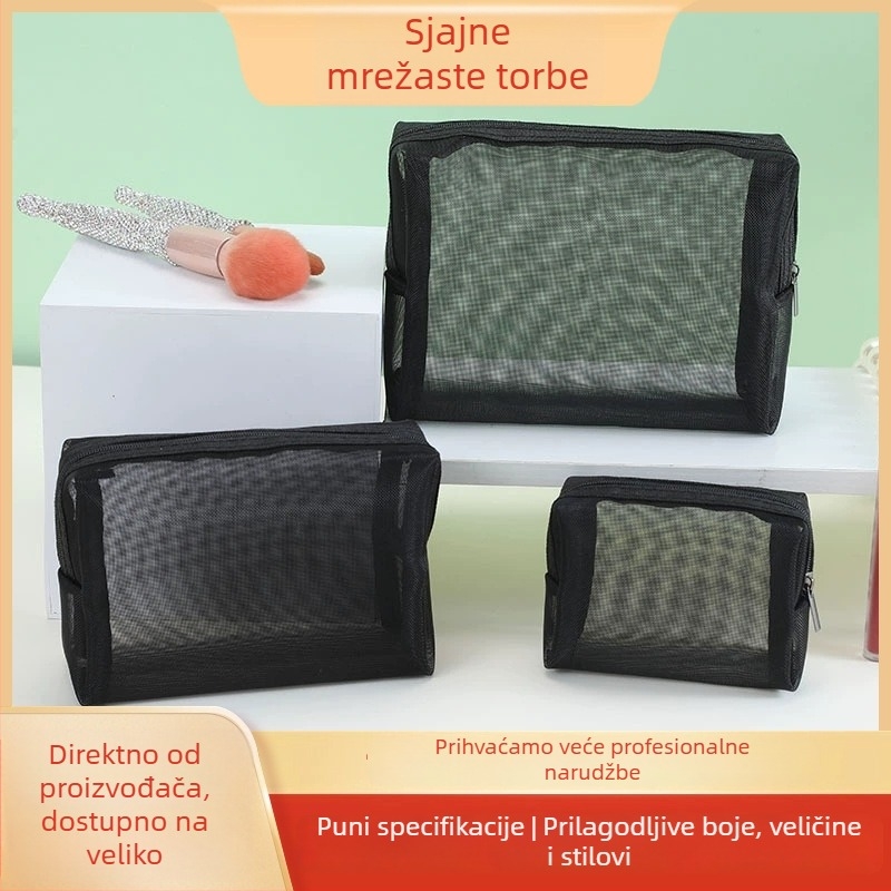 Prozirna mrežasta torbica za kozmetiku, kubičnog oblika, najlon, prozračna, velika zapremina za putovanja – spremište šminke, parfema, ruža i punjača