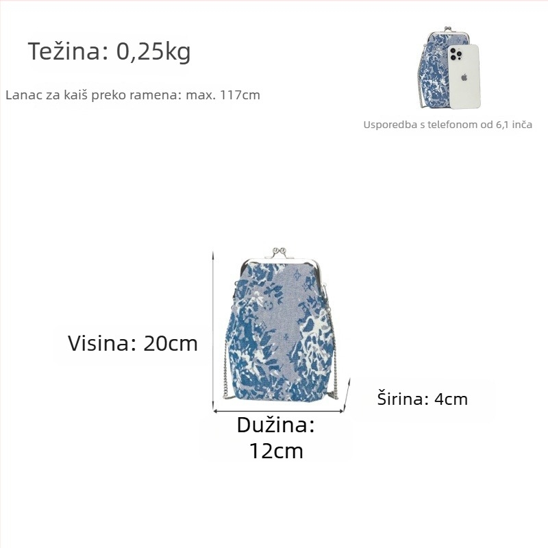 Denim ženska torba, gradski stil, vodoravni kvadratni oblik, zaključavanje na bravu, džep za mobitel