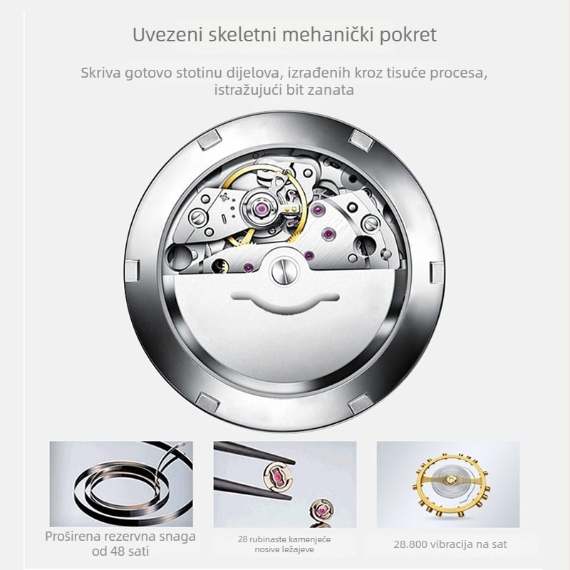 Muški mehanički sat sa skeletnim tourbillonom, kućište i narukvica od nehrđajućeg čelika, vodootpornost 30m, luminescentne kazaljke, kalendar