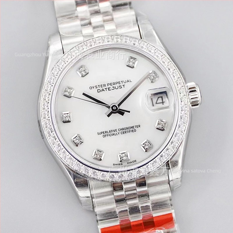 Ženski modni sat s dijamantnim cifernikom, vodootporan do 100 m, automatski mehanizam (Seagull 2671), promjer cifernika 31 mm, kućište i remen od nehrđajućeg čelika, safirno staklo, kalendar, model 0143