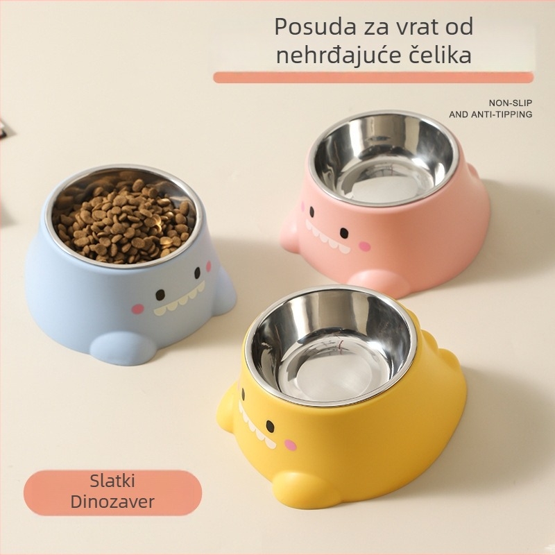 Miska za hranu mačke u obliku dinosaura, nehrđajući čelik, dizajn s nagibom otvora radi zaštite vrata, jednobojna posuda za hranjenje