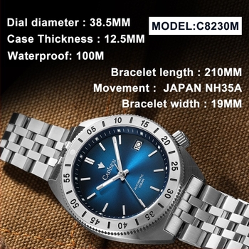 Cadisen NH35 muški mehanički sat – luminescentni pokazivači, kalendar, safirno staklo, vodootpornost 100 m, kućište i nehrđajući čelik