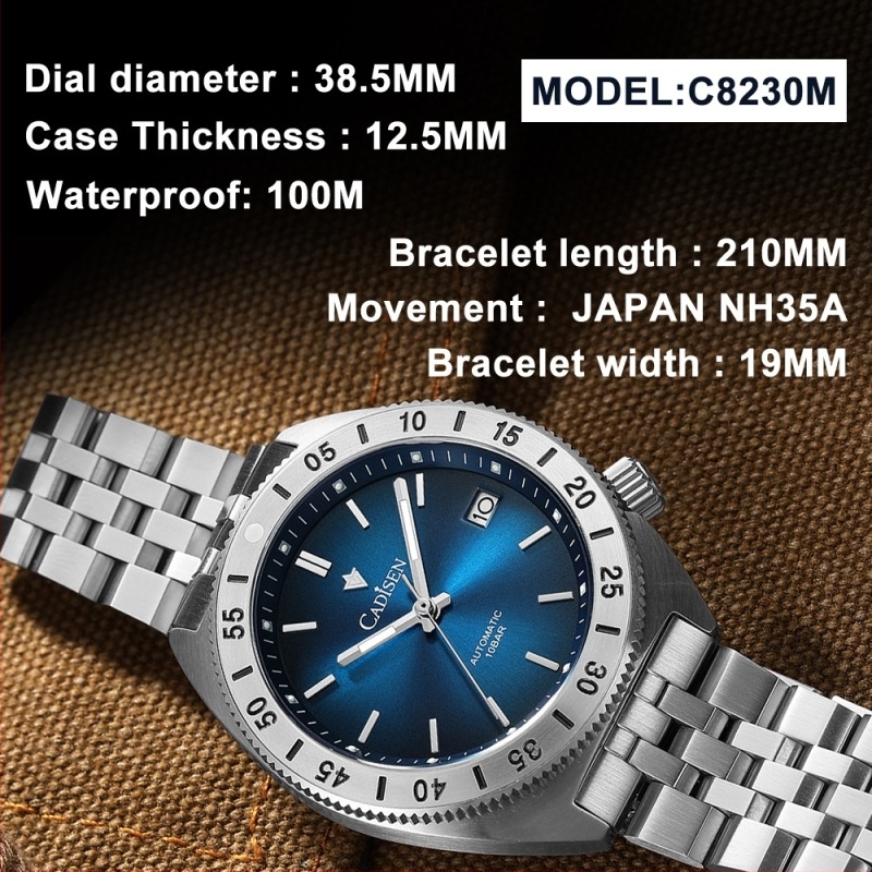 Cadisen NH35 muški mehanički sat – luminescentni pokazivači, kalendar, safirno staklo, vodootpornost 100 m, kućište i nehrđajući čelik