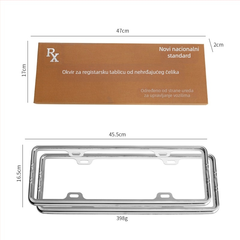 Okvir za registarsku pločicu od nehrđajućeg čelika, ploski dizajn, model X047, opća kompatibilnost, Rx-car decoration