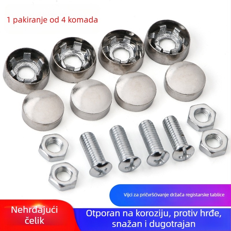 Držač za okvir registarske tablice od nehrđajućeg čelika s fiksnom maticom i anti-krađom vijcima – univerzalna kompatibilnost, standardni stil vijaka
