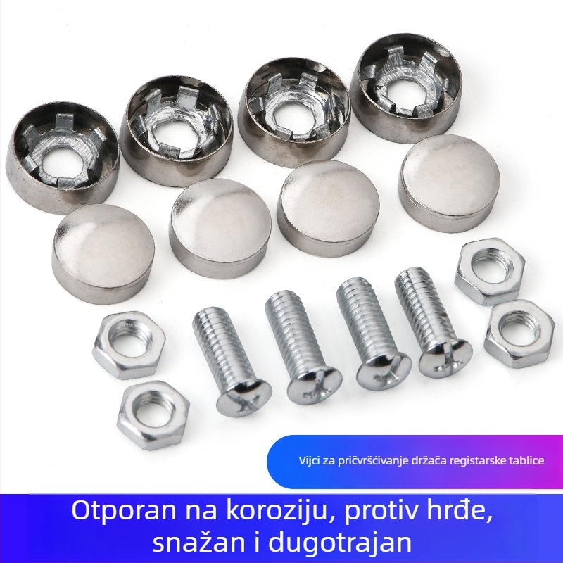 Držač za okvir registarske tablice od nehrđajućeg čelika s fiksnom maticom i anti-krađom vijcima – univerzalna kompatibilnost, standardni stil vijaka