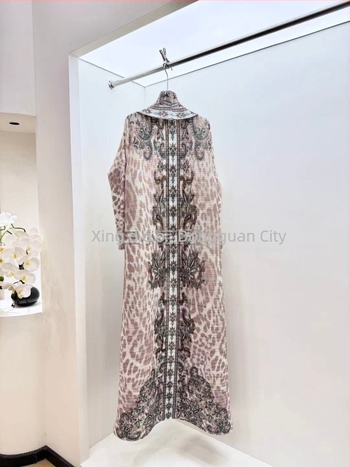 Duga Abaya haljina s plisiranim kapom i printom - poliester, ovratnik tipa lapel, dugi rukavi, kopčanje šnoru