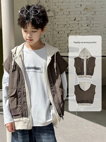 Unisex dječja jakna bez rukava s kapuljom, zatvarač, pamuk, kratka duljina, jednofarbna, korejski stil, jesen 2025