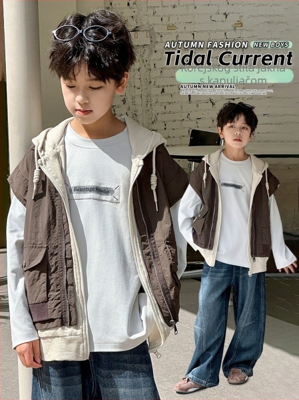 Unisex dječja jakna bez rukava s kapuljom, zatvarač, pamuk, kratka duljina, jednofarbna, korejski stil, jesen 2025