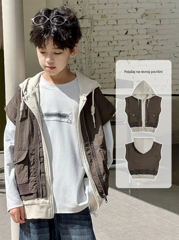 Unisex dječja jakna bez rukava s kapuljom, zatvarač, pamuk, kratka duljina, jednofarbna, korejski stil, jesen 2025