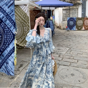 Chiffon dvodijelni set haljine s dugim rukavima, V-izrez, rukavi u stilu princeze, dugački kroj, jednobojni uzorak, detalji kolaza