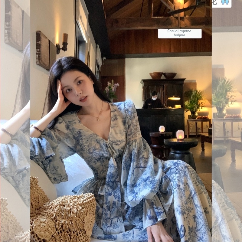 Chiffon dvodijelni set haljine s dugim rukavima, V-izrez, rukavi u stilu princeze, dugački kroj, jednobojni uzorak, detalji kolaza